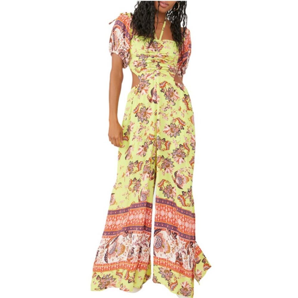 Free People Bali Citrus Skies One-Piece Jumpsuit Women's XS Lime Combo Wide Leg